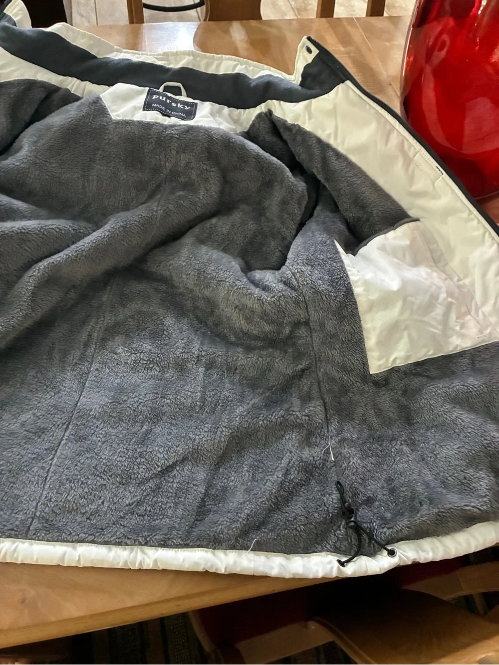 Two-Tone White and Black Winter Jacket with Faux Fur Hood